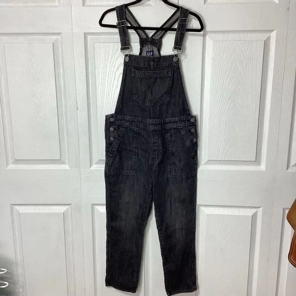 GAP Denim Crop Slouch Over Overalls Black Straight Leg Size S Women’s